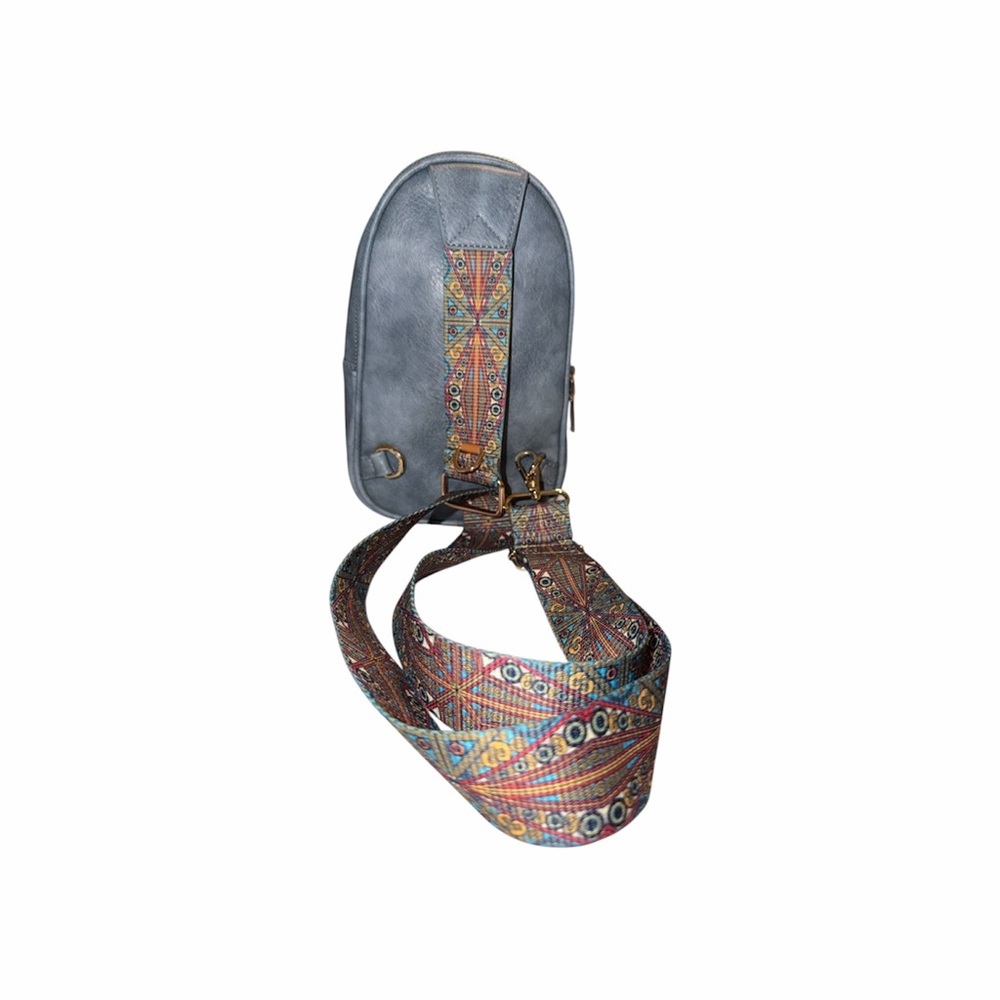 Women's faux Leather Sling Bag in Dusty Blue with Patterned Strap. - Picture 2 of 7